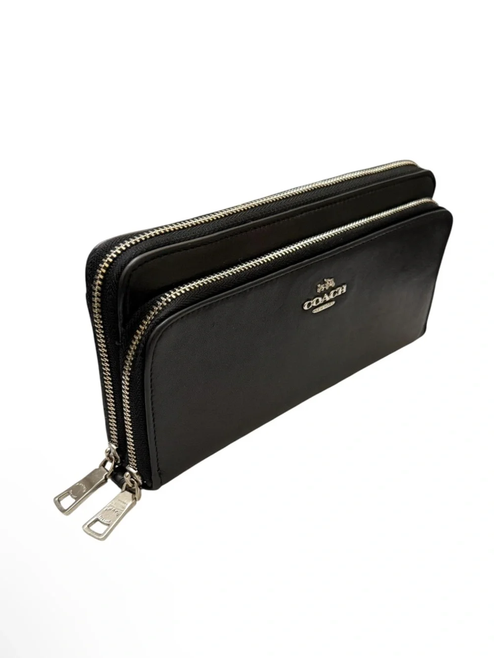 COACH - BLACK SOFT LEATHER LONG DOUBLE ZIP AROUND WALLET